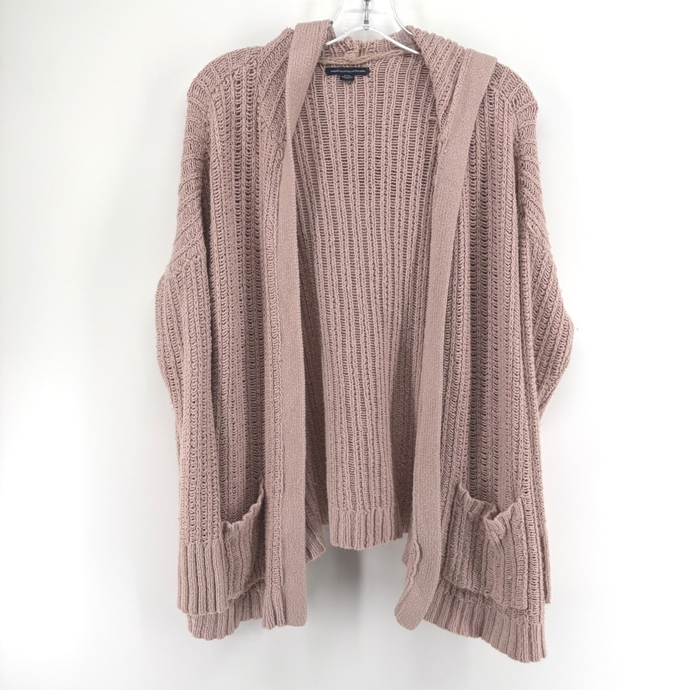 American Eagle Cardigan Women Med Sweater Mauve Hooded Open Front Knit Layer